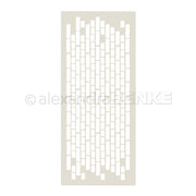 Rechteckige Alexandra Renke Ziegelmauer-Schablone mit unregelmäßigem, vertikalem Ziegelmuster auf hellem Grund; ideal für Papierprojekte und perfekt zum Basteln mit wiederverwendbaren Schablonen.