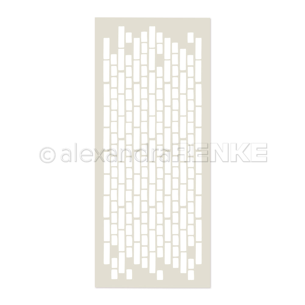 Rechteckige Alexandra Renke Ziegelmauer-Schablone mit unregelmäßigem, vertikalem Ziegelmuster auf hellem Grund; ideal für Papierprojekte und perfekt zum Basteln mit wiederverwendbaren Schablonen.
