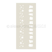 Alexandra Renke Schablone Musterstreifen Sternenhäuser: Wiederverwendbare Schablone mit linkem Sternen-Bordürenmuster und rechter Häuserreihe, ideal zum Dekorieren und Basteln.