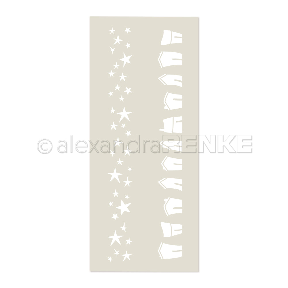 Alexandra Renke Schablone Musterstreifen Sternenhäuser: Wiederverwendbare Schablone mit linkem Sternen-Bordürenmuster und rechter Häuserreihe, ideal zum Dekorieren und Basteln.