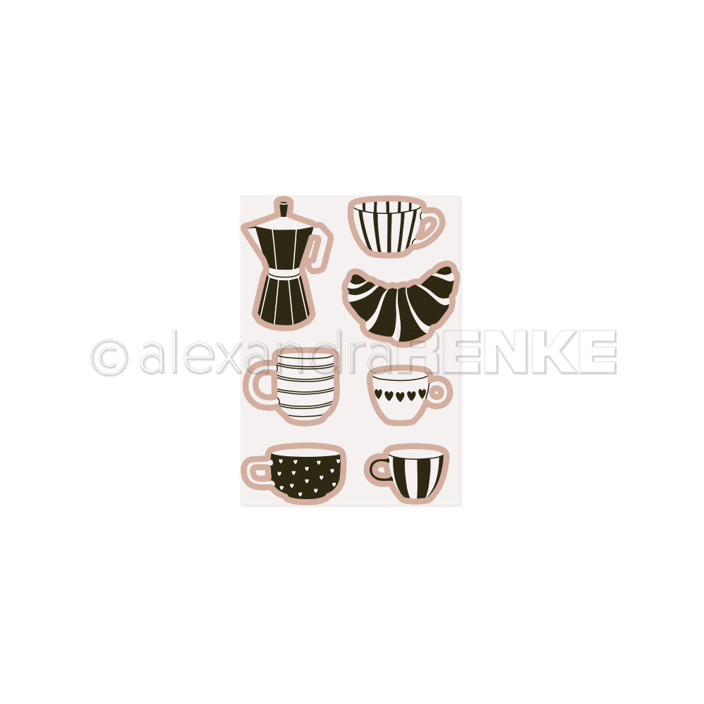 Illustration einer Kaffeekanne, eines Croissants und fünf Kaffeetassen in neutralen Farbtönen auf weißem Untergrund - die perfekte Inspiration für Ihre nächste Kaffeepause oder Ihr nächstes kreatives Projekt mit den Designs Stanzsysteme und Cut & Emboss Folder von Alexandra Renke.
