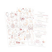 Drei illustrierte Babykarten von Alexandra Renke mit zarten Pastellzeichnungen von Spielzeug, Kleidung und deutschem Neugeborenentext - ideal für Bastelprojekte Motive oder Transferfolien Basteln.