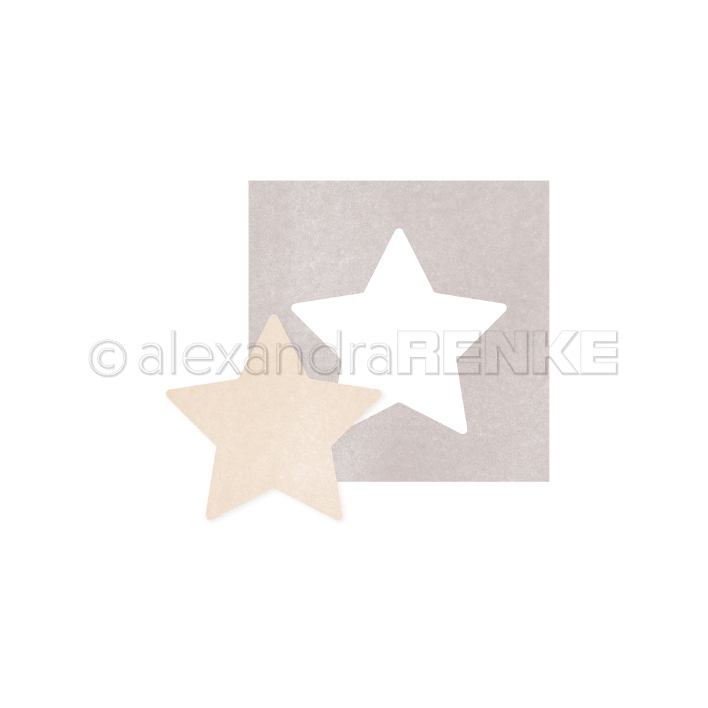 Ein beiger Sternausschnitt neben einem quadratischen Bogen mit sternförmigem Loch auf weißem Untergrund, hergestellt mit Alexandra Renke Stahlbandstanzen für präzise Formen - perfekt für Buchbinden und kreative PAPPcut-Projekte.