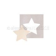 Ein beiger Sternausschnitt neben einem quadratischen Bogen mit sternförmigem Loch auf weißem Untergrund, hergestellt mit Alexandra Renke Stahlbandstanzen für präzise Formen - perfekt für Buchbinden und kreative PAPPcut-Projekte.