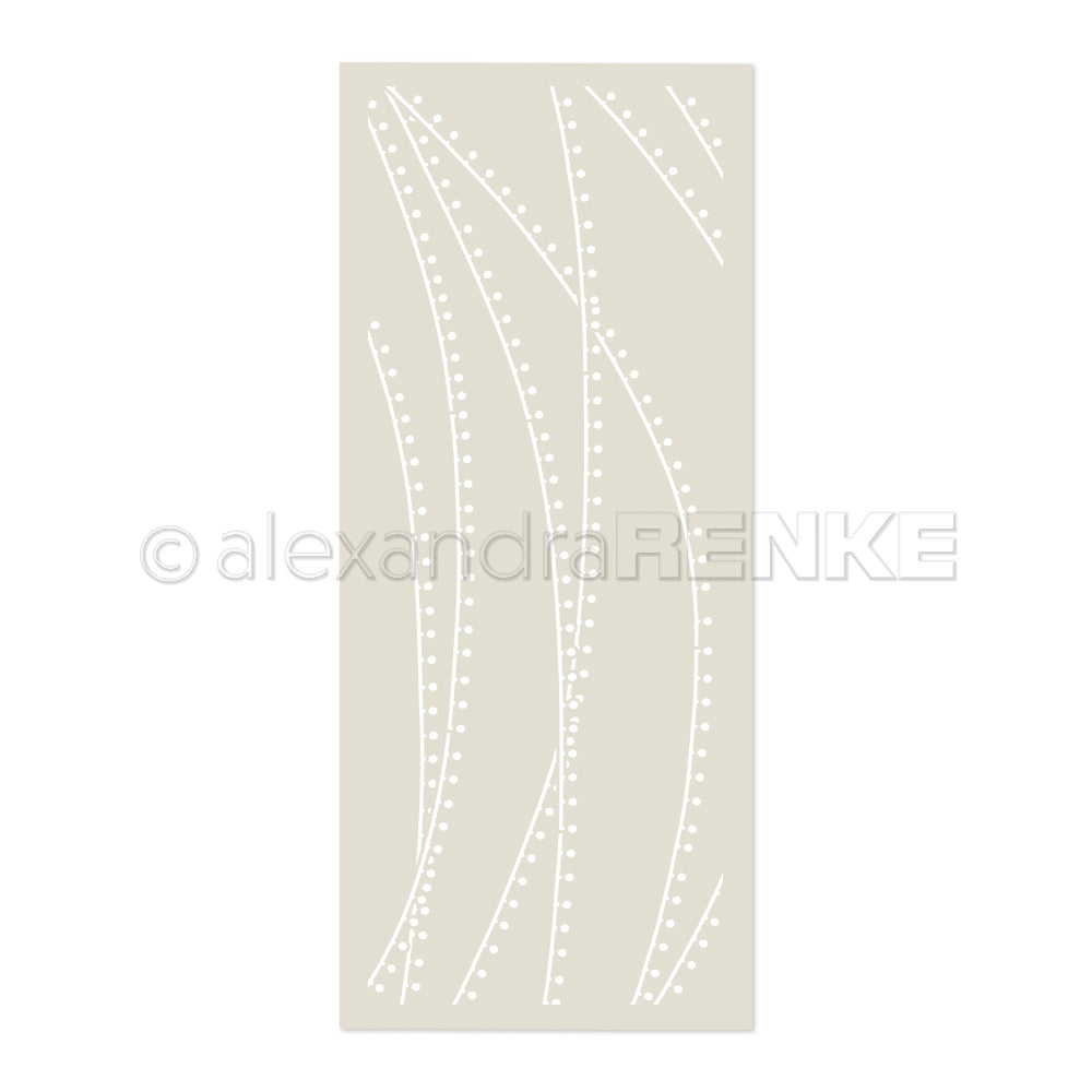 Beigefarbenes Rechteck mit geschwungenen weißen gepunkteten Linien, die abstrakte, fließende Muster bilden - ideal für Schablonen Papierprojekte oder als wiederverwendbare Schablone Lichtergirlanden von Alexandra Renke.