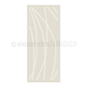 Beigefarbenes Rechteck mit geschwungenen weißen gepunkteten Linien, die abstrakte, fließende Muster bilden - ideal für Schablonen Papierprojekte oder als wiederverwendbare Schablone Lichtergirlanden von Alexandra Renke.