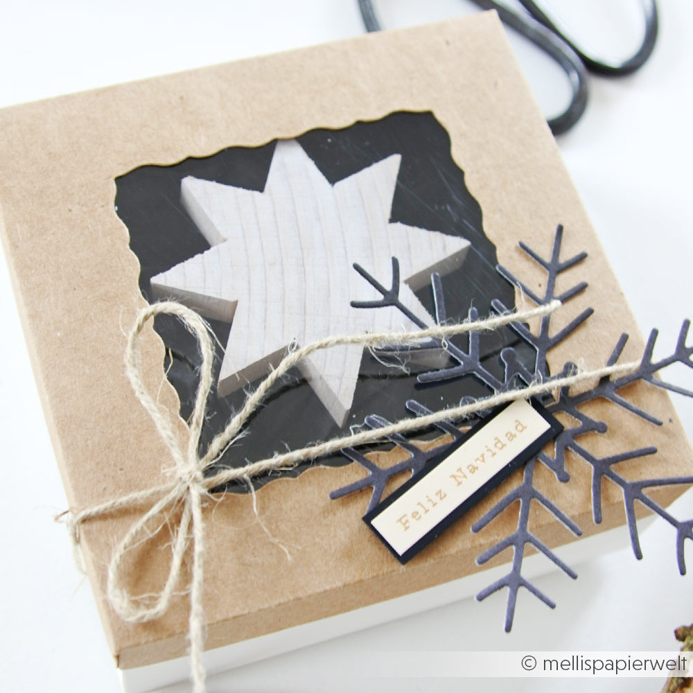 Geschenkbox von Alexandra Renke mit einem Achterstern-Ornament aus PAPPcut, gebunden mit Schnur und einem Feliz Navidad-Anhänger, verziert mit einem dekorativen Papierzweig.