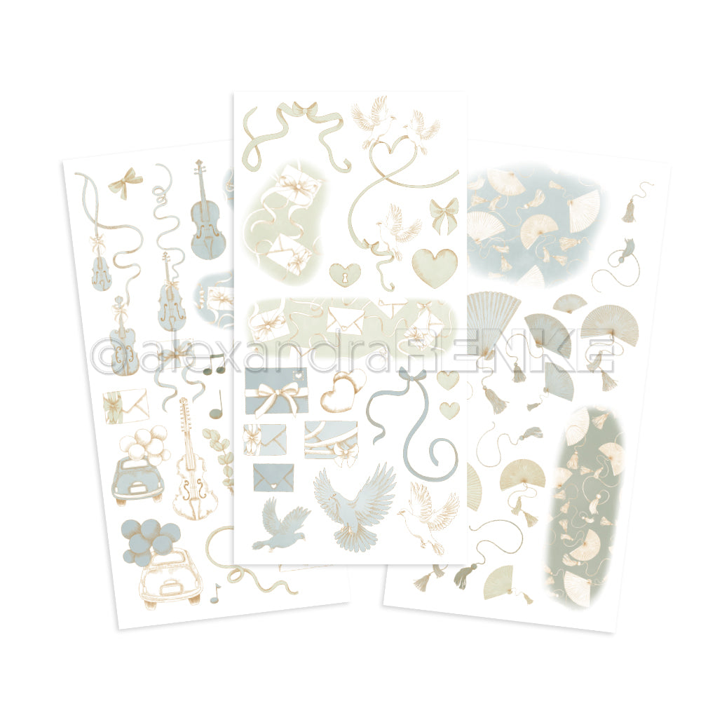 Drei Bögen Alexandra Renke Deko-Sticker mit Vögeln, Instrumenten, Fächern, Blumen, Herzen und Vintage-Telefonen - ideal für Bastelprojekte oder zum Veredeln Ihrer Bastelarbeiten mit Transferfolie Motive.