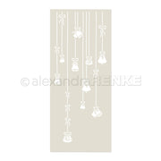 Weiße Glocken mit Schleifen hängen an Schnüren auf einem beigen Hintergrund in diesem minimalistischen, festlichen Design - perfekt zum Basteln mit wiederverwendbaren Schablonen wie der Alexandra Renke Schablone Klingende Glocken.