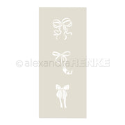 Drei weiße Bandschleifen mit einzigartigen Designs von Alexandra Renke sind auf einem hellbeigen Hintergrund abgebildet - ideale Akzente für Papierprojekte oder als Schablonen für Ihr nächstes kreatives Vorhaben.