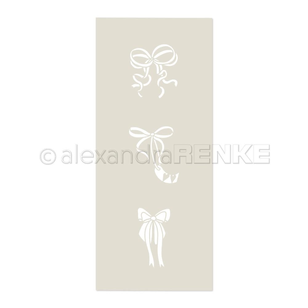 Drei weiße Bandschleifen mit einzigartigen Designs von Alexandra Renke sind auf einem hellbeigen Hintergrund abgebildet - ideale Akzente für Papierprojekte oder als Schablonen für Ihr nächstes kreatives Vorhaben.