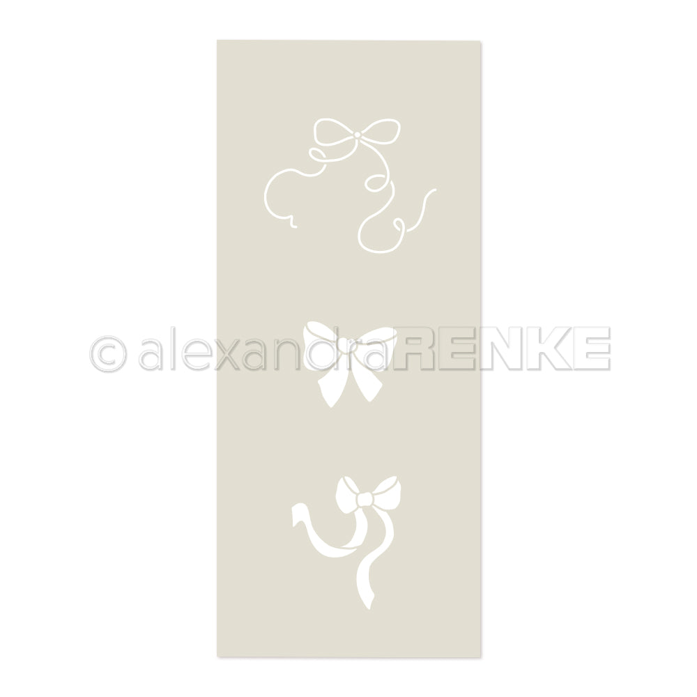 Drei weiße Schleifen-Illustrationen mit verschiedenen Bändern auf einem hellbeigen Hintergrund von Alexandra Renke - eine ideale Inspiration für Papierprojekte oder als einzigartige Schablonen für Ihr nächstes kreatives Projekt.