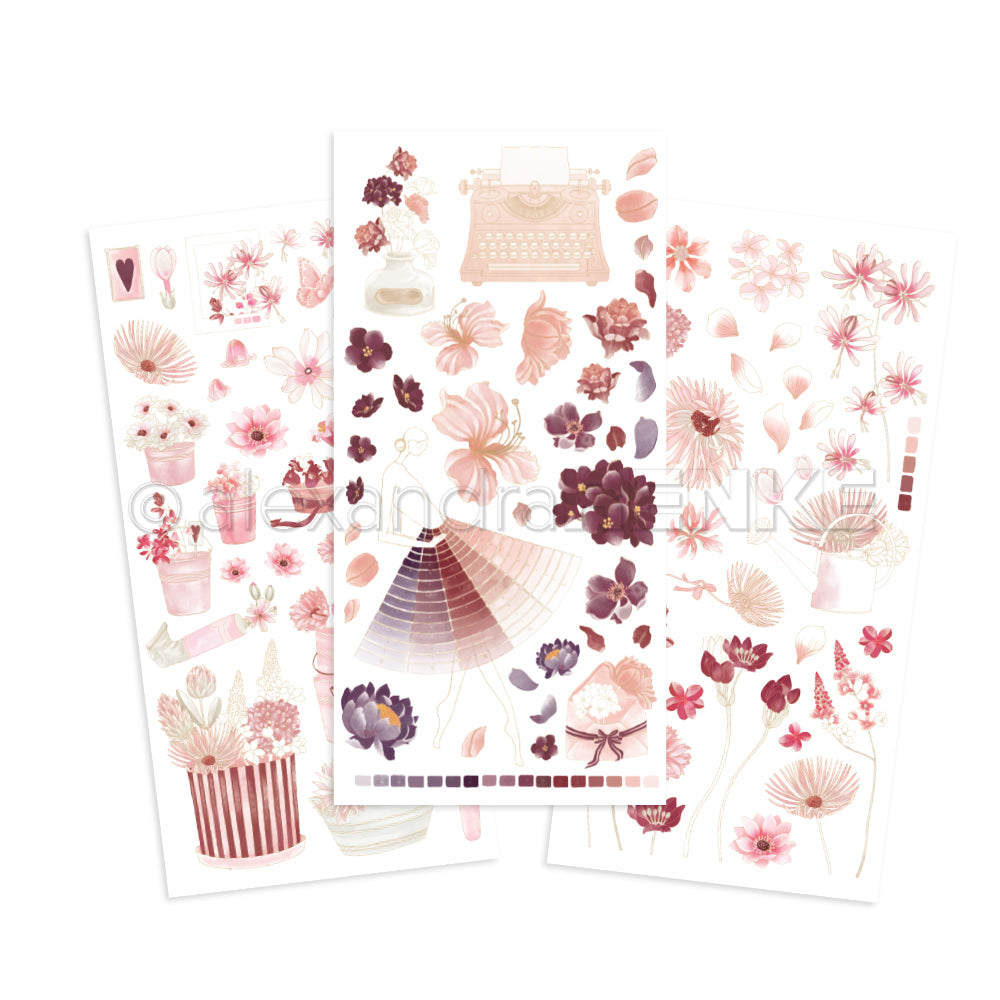 Drei Bögen Alexandra Renke Rub-On-Aufkleber mit rosa, lila und beigen Blumen, Pflanzen und Vintage-Objekten - ideal für Bastelprojekte oder um Ihren Bastelarbeiten einen charmanten Touch zu verleihen.