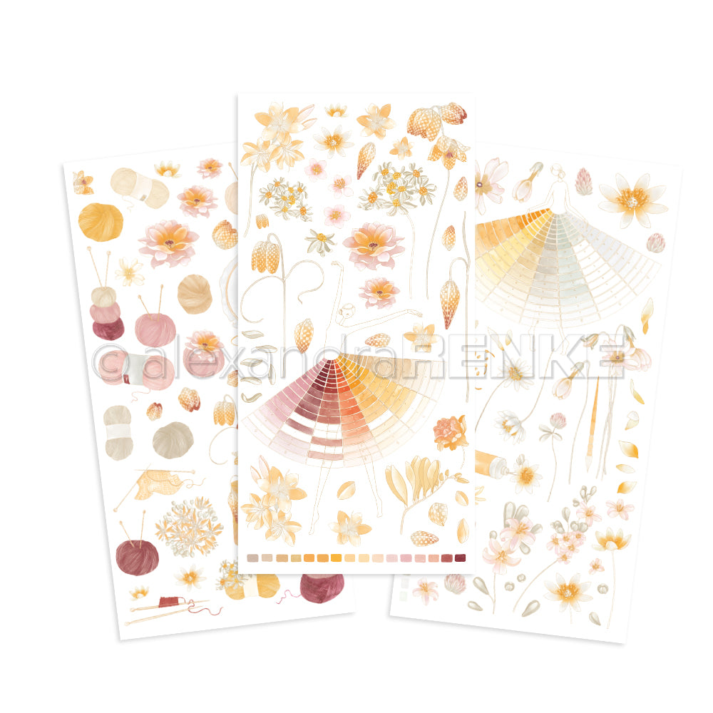 Drei Bögen Alexandra Renke Herbststicker mit Blütentanz-Motiven - Blumen, Blätter, Garnkugeln und gemütliche Farbpaletten - perfekt für Bastelprojekte oder in Kombination mit Rub-On Transferfolien.