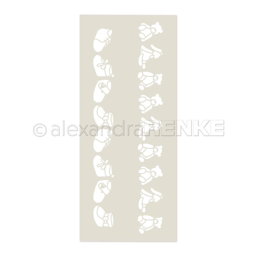 Stencil Design von Alexandra Renke mit abwechselnden Teddybär- und Babyschuhformen in zwei vertikalen Reihen auf Beige. Ideal als Schablonen Kinder oder Stencil Musterstreifen, diese wiederverwendbare Schablone verzaubert jedes Kinderzimmer Dekor.