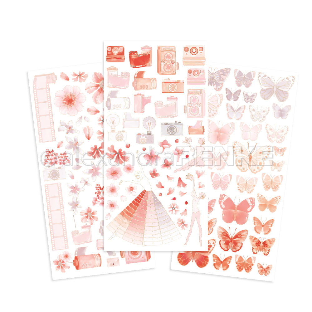 Drei Bögen Alexandra Renke Pastellsticker mit floralen Motiven, Kameras, Filmen, Schmetterlingen und einem Farbfächer - ideal für kreative Bastelarbeiten und Bastelprojekte.