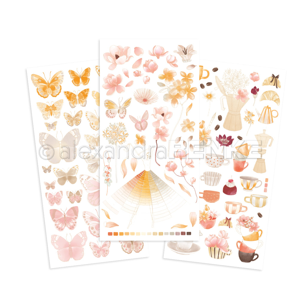 Drei pastellfarbene Stickerbögen von Alexandra Renke mit Schmetterlingen, Blumen und Rubbelmotiven wie Kaffeekannen, Tassen und Teetassen - ideal für Scrapbooking- oder Transferfolien-Bastelprojekte.