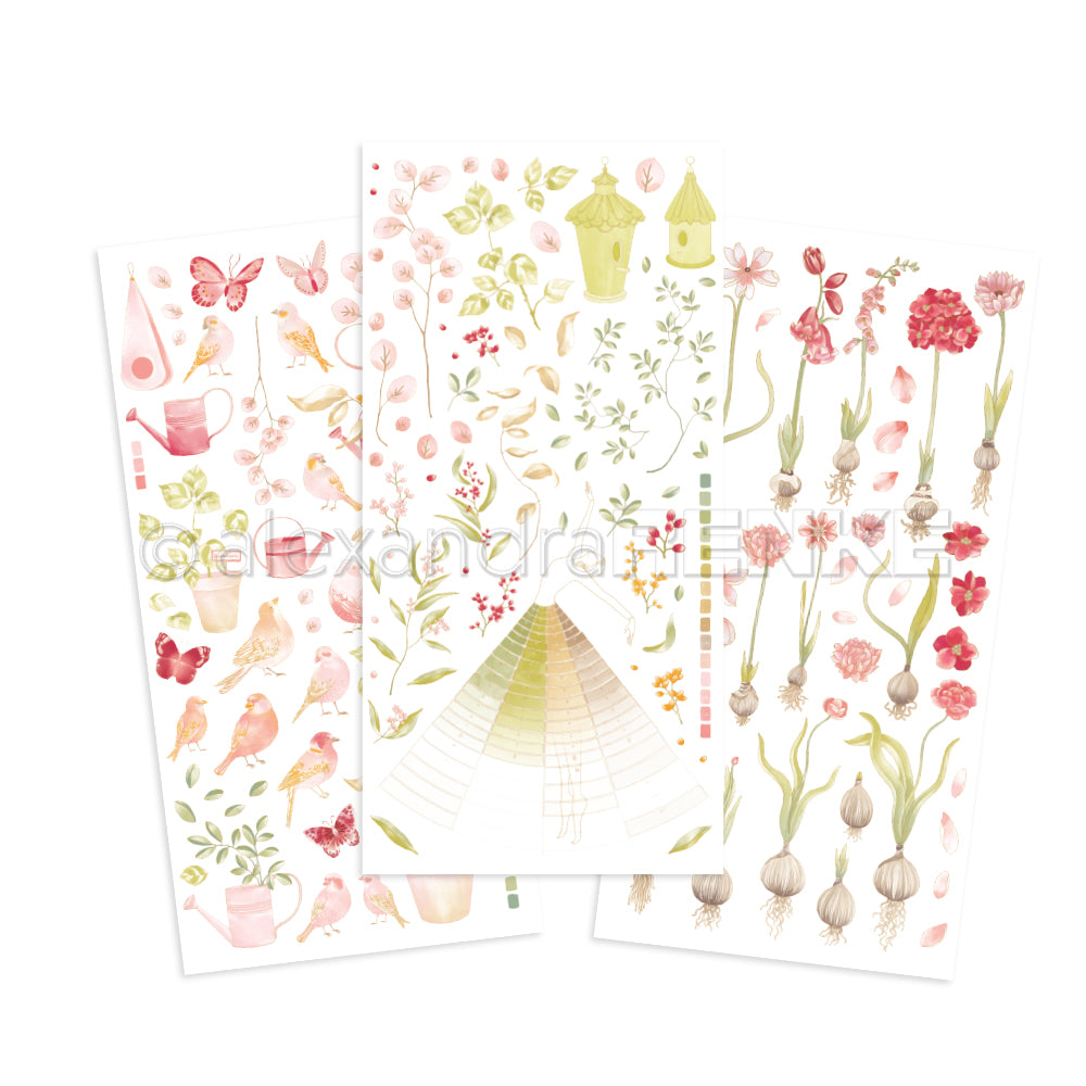 Drei Bögen Alexandra Renke Aquarell-Gartensticker mit Blumen, Vögeln, Schmetterlingen und Gartenelementen - ideal für Bastelprojekte Motive oder um Rub-On Gartenzauber zu basteln.