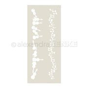 Weiße Silhouetten von Musikinstrumenten und Noten auf beigem Hintergrund in der Schablonenschablone Musterstreifen von Alexandra Renke. Mit Wasserzeichen; ideal zum Erstellen von stilvollen, wiederverwendbaren Mustern in Kunst- und Bastelprojekten.