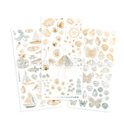 Drei pastellfarbene Stickerbögen von Alexandra Renke mit Meerestieren, Booten, Blumen, Muscheln, Schmetterlingen und maritimen Elementen - ideal für Bastelprojekte oder zur Kombination mit Rub-On Meeresbrise transferfolien basteln.