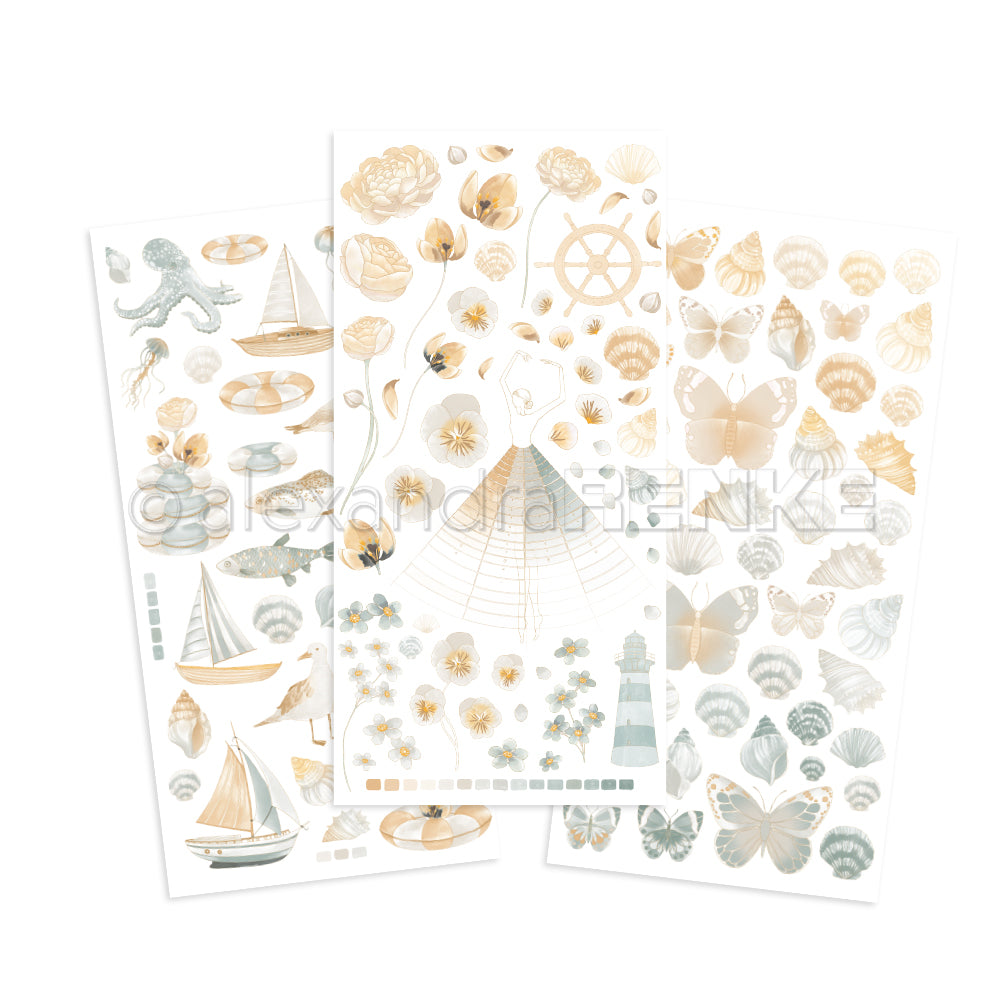 Drei pastellfarbene Stickerbögen von Alexandra Renke mit Meerestieren, Booten, Blumen, Muscheln, Schmetterlingen und maritimen Elementen - ideal für Bastelprojekte oder zur Kombination mit Rub-On Meeresbrise transferfolien basteln.