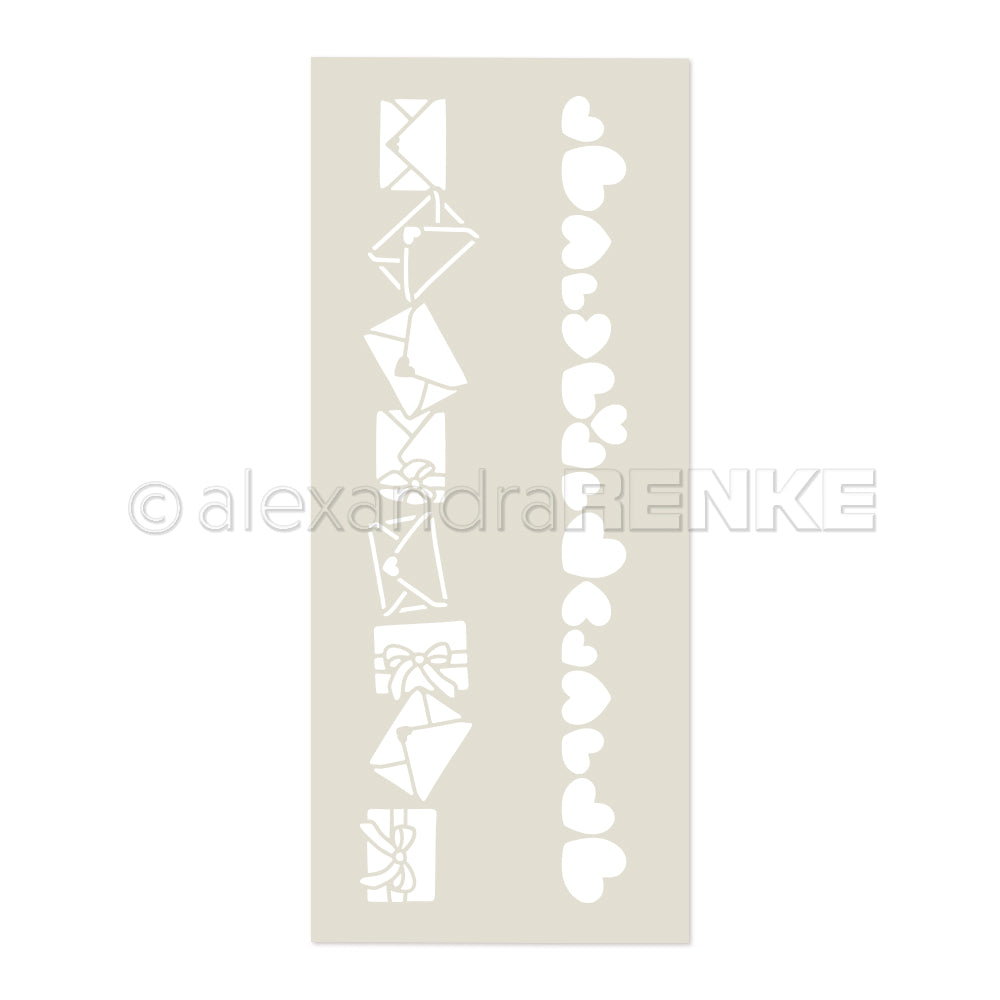 Wiederverwendbare Schablone von Alexandra Renke mit Musterstreifen: Reihen aus Herzen und Umschlägen mit Schleifen auf beigem Hintergrund.