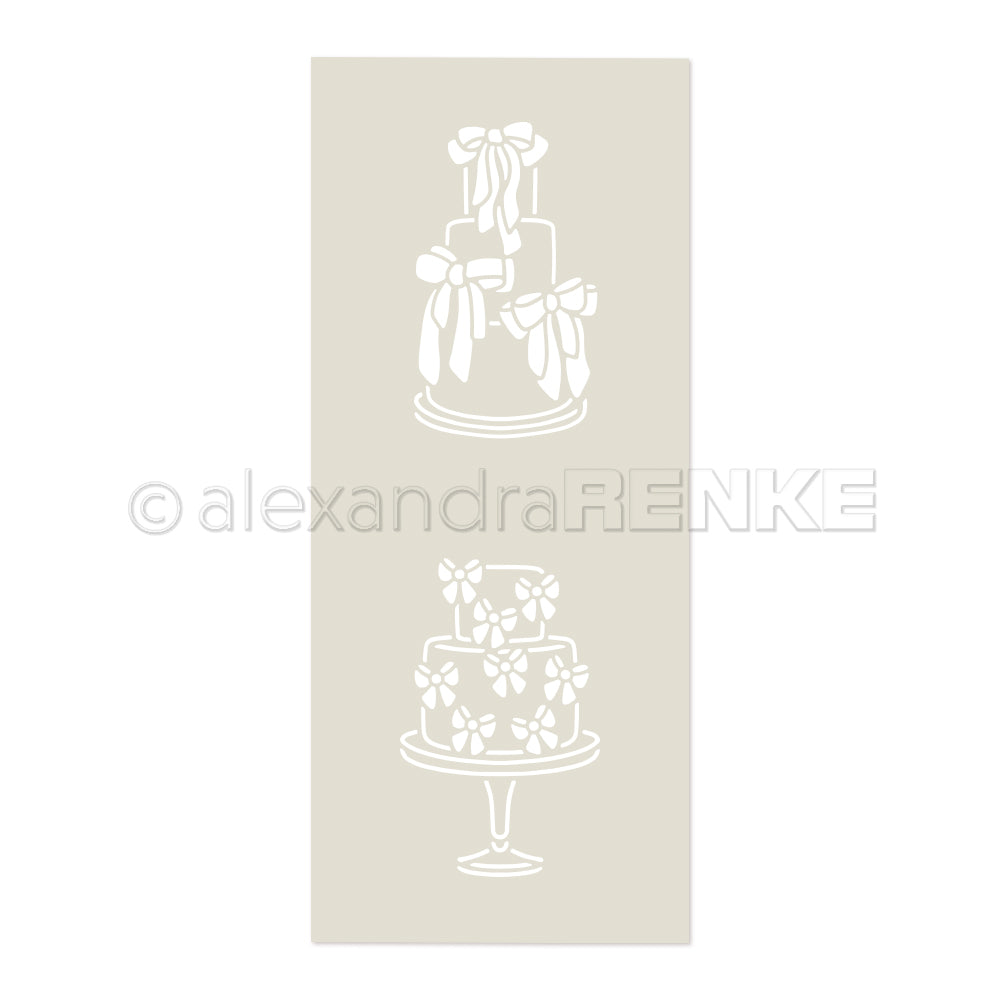 Zwei weiße Torten mit Schleife auf Ständern, illustriert in Beige - perfekt für Papierprojekte oder in Kombination mit Ihren Lieblingsschablonen. Entwurf von Alexandra Renke.