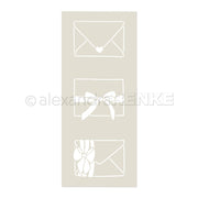 Drei weiße Umschlagsymbole - ein Herz, eine Schleife und eine Blume - auf beigefarbenem Untergrund. Ideal zum Basteln mit Alexandra Renke Schablonen oder zur Herstellung von Wiederverwendbar-Designs inspiriert von Stencil Brieffreuden.