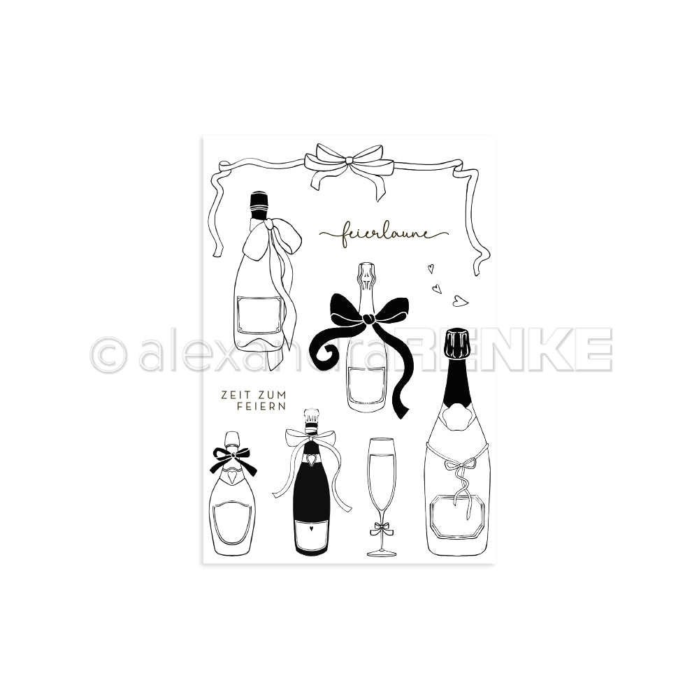 Schwarz-Weiß-Illustration von Sektflaschen mit Schleifen, einem Glas und festlichen Bändern - ideal zum Verzieren von Papierprojekten mit Alexandra Renke Clear Stamp oder Photopolymer Stempel-Designs.