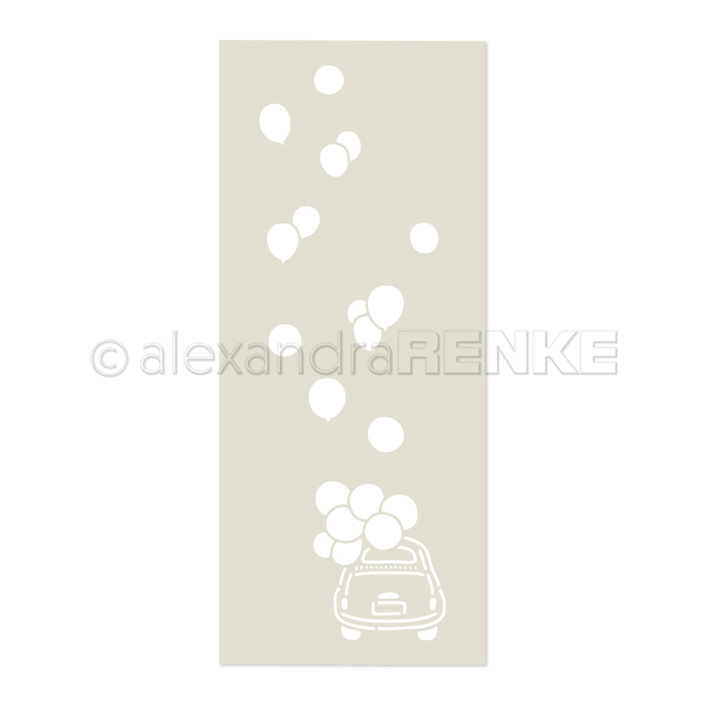 Eine Auto-Silhouette mit Luftballons, dazu schwebende Luftballons auf Beige - perfekt für Schablonen für Papierprojekte oder als Stencil Fröhliche Fahrt Design von Alexandra Renke.