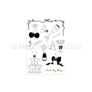 Schwarz-weiße Zeichnungen von Kirschen, Sekt, Gläsern, Schleifen und deutschen Wörtern wie "Glücksmomente" auf weißem Hintergrund von Alexandra Renke. Ideal zum Basteln mit Photopolymer Stempel oder Clear Stamp Sets.