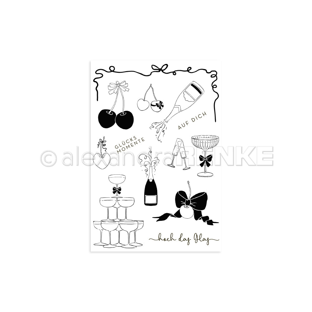 Schwarz-weiße Zeichnungen von Kirschen, Sekt, Gläsern, Schleifen und deutschen Wörtern wie "Glücksmomente" auf weißem Hintergrund von Alexandra Renke. Ideal zum Basteln mit Photopolymer Stempel oder Clear Stamp Sets.