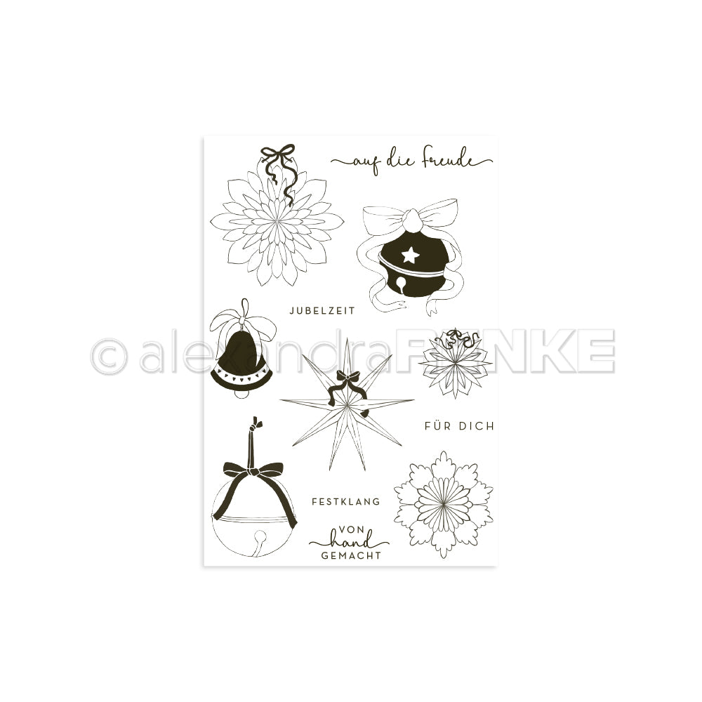 Schwarz-weiße Skizzen von Weihnachtsschmuck, Blumen und deutschen Feiertagsgrüßen auf Weiß - ideal für Clear Stamp Designs oder als Bastelzubehör von Alexandra Renke, um Ihre festlichen Kreationen aufzuwerten.
