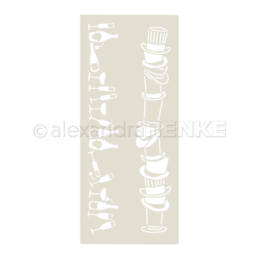 Weiße Silhouetten von Sektgläsern, Flaschen und gestapelten Zylinderhüten erzeugen eine festliche Partyspaß-Stimmung auf beigem Hintergrund - perfekt als Schablone oder Schablone für kreative Feste von Alexandra Renke.