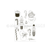 Schwarze und weiße festliche Tassen, Zuckerstangen, Nussknacker und deutscher Text auf Weiß - perfekt für Clear Stamp oder Photopolymer Stempel Projekte von Alexandra Renke.