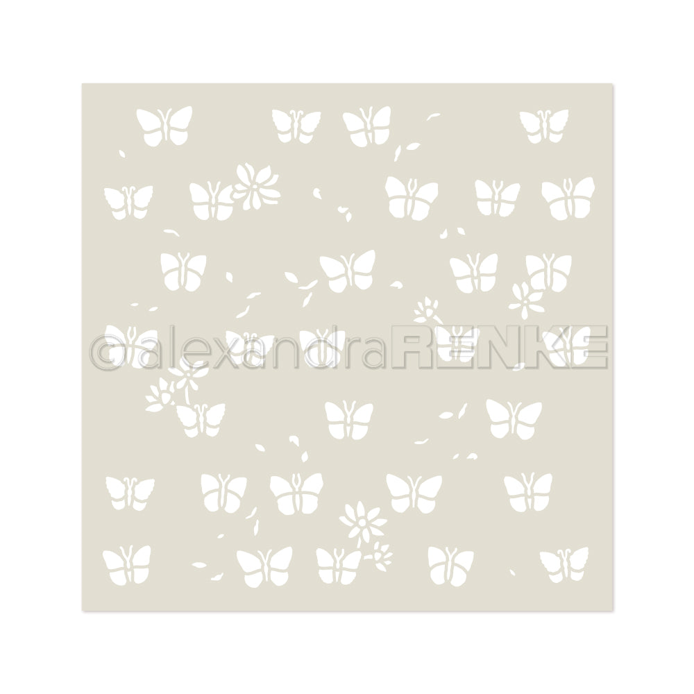 Alexandra Renke Schablone Florale Schmetterlinge zeigt weiße Schmetterlings- und Blumenformen auf einem hellbeigen, quadratischen Hintergrund, perfekt für Schablonen Papierprojekte mit wiederverwendbaren Schablonen.