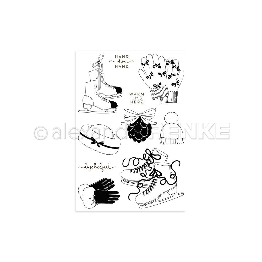 Schwarz-weiße Illustrationen von Schlittschuhen, Handschuhen, einer Mütze, Ohrenschützern und deutschen Wintersprüchen - ideal zum Basteln mit den Sets Photopolymer Stempel oder Clear Stamp Kuschelzeit von Alexandra Renke.