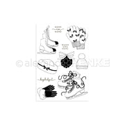 Schwarz-weiße Illustrationen von Schlittschuhen, Handschuhen, einer Mütze, Ohrenschützern und deutschen Wintersprüchen - ideal zum Basteln mit den Sets Photopolymer Stempel oder Clear Stamp Kuschelzeit von Alexandra Renke.