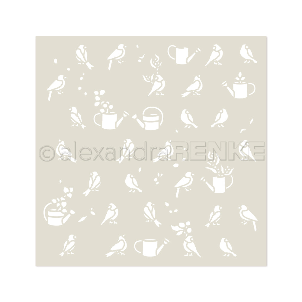 Weiße Vogel- und Gießkannensilhouetten bilden einen charmanten Rapport auf Beige - ideal für Schablonen Papierprojekte oder den kreativen Schabloneneinsatz mit der Schablone Florale Vögelchen von Alexandra Renke.
