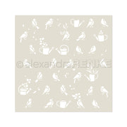 Weiße Vogel- und Gießkannensilhouetten bilden einen charmanten Rapport auf Beige - ideal für Schablonen Papierprojekte oder den kreativen Schabloneneinsatz mit der Schablone Florale Vögelchen von Alexandra Renke.