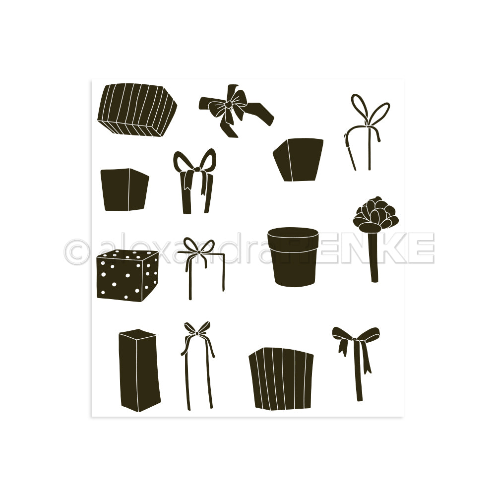 Die Silhouetten verschiedener Geschenkschachteln, Schleifen und Bänder von Alexandra Renke sind in einem einfachen Raster angeordnet - ideal zum Basteln mit klaren Stempeldesigns oder um Abwechslung in Ihre kreativen Projekte zu bringen.