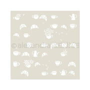 Ein bezauberndes Alexandra Renke-Muster aus weißen Kaffeetassen, Hörnchen, Teekannen und Blumen auf hellem Beige - ideal für die Kaffeezeit oder als Wiederverwendbar-Deko mit Stencil Florale Schablonen.