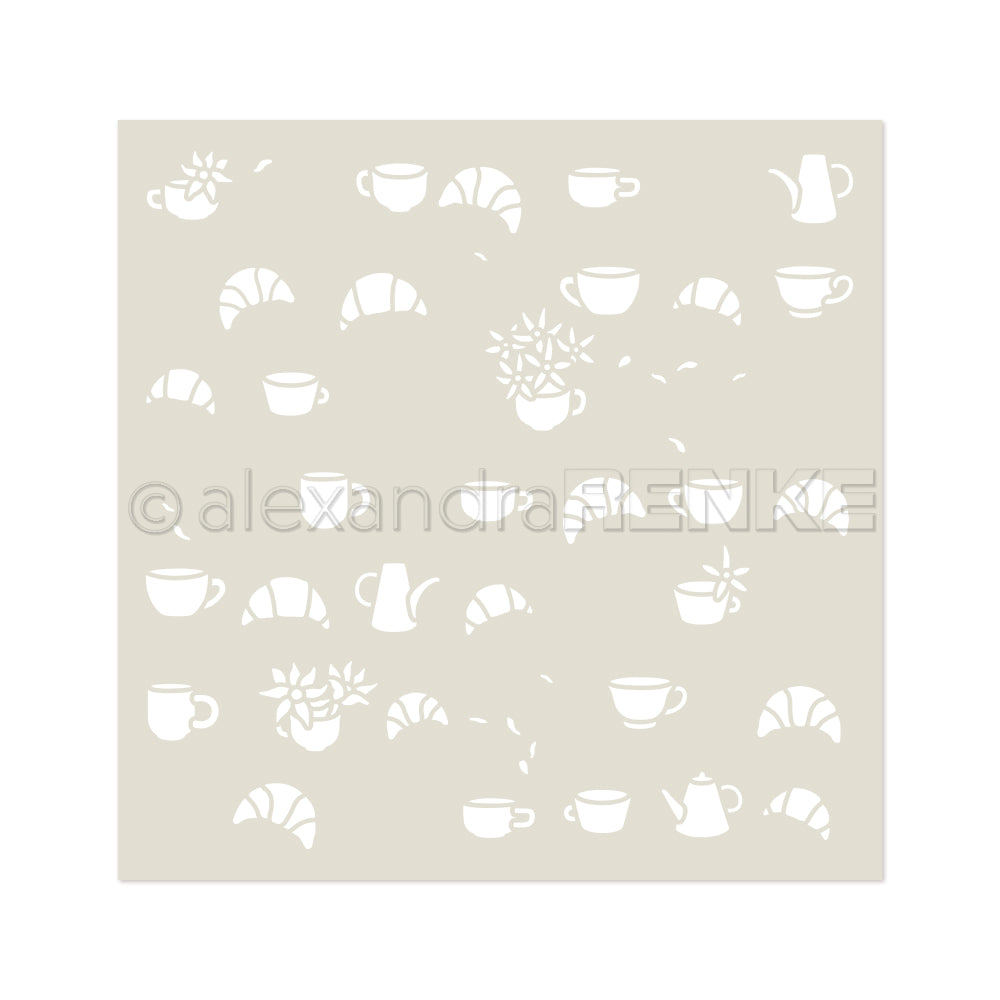 Ein bezauberndes Alexandra Renke-Muster aus weißen Kaffeetassen, Hörnchen, Teekannen und Blumen auf hellem Beige - ideal für die Kaffeezeit oder als Wiederverwendbar-Deko mit Stencil Florale Schablonen.
