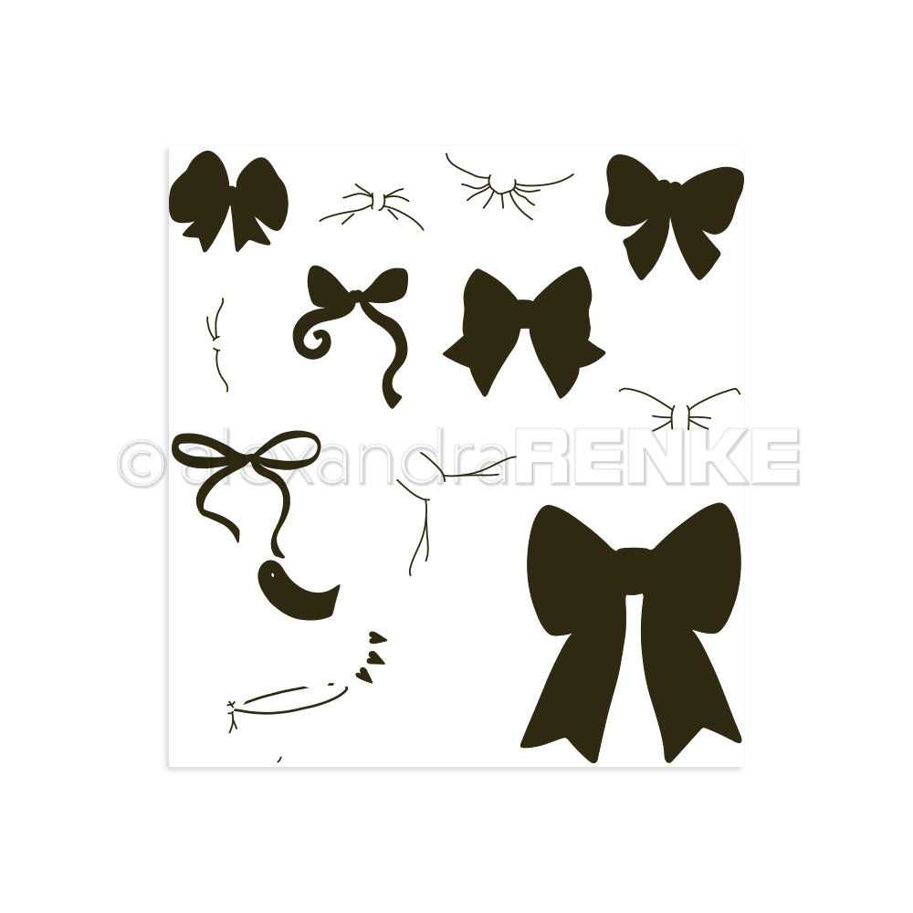 Silhouetten und Strichzeichnungen von Schleifen und Bändern auf Weiß, ideal für einzigartige Designs mit Alexandra Renke Schleifen-Vielfalt Photopolymer Stempel oder Clear Stamp Projekten.