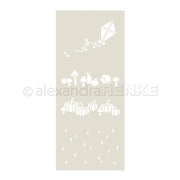 Schablone „Herbstfreuden“: Schablone mit einem Drachen, Pilzen, einem Igel, Kürbissen und Regentropfen auf beigem Hintergrund – ideal für Papierprojekte mit Schablonen und kreative, herbstlich inspirierte Designs mit wiederverwendbaren Schablonen.