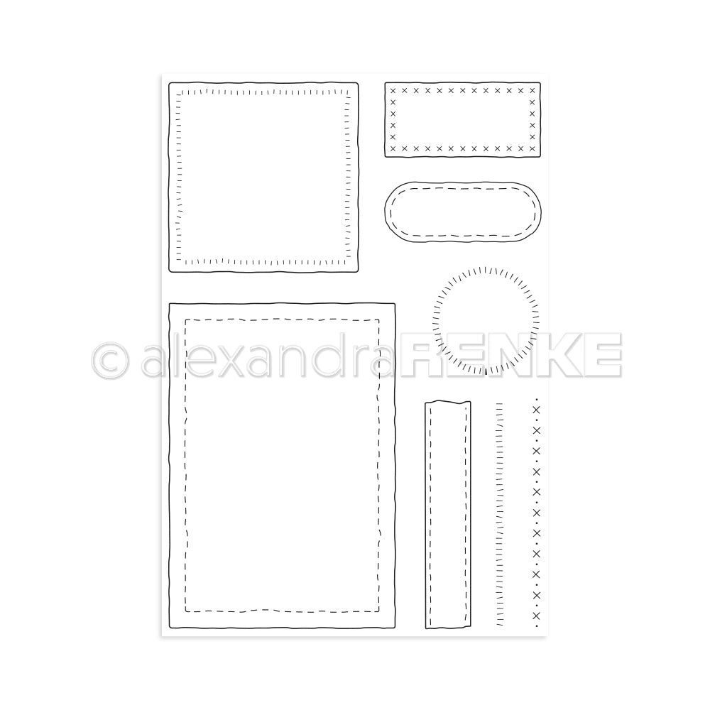 Umrissene Formen mit gestickten Rändern - darunter Rechtecke, ein Quadrat, ein Oval und ein Kreis - auf weißem Hintergrund; perfekt als Alexandra Renke Clear Stamp für kreative Kompositionsformen Stitches Designs.