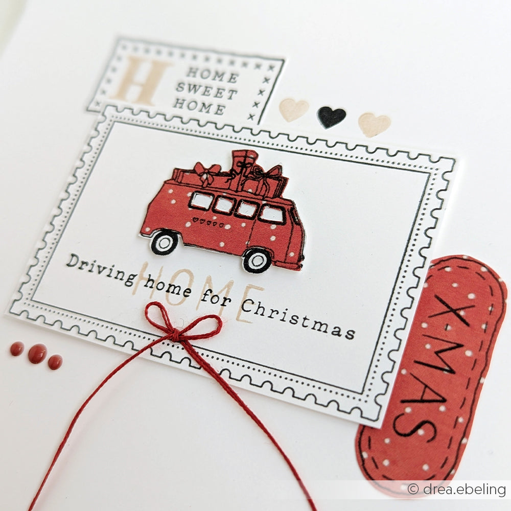 Handgefertigte Weihnachtskarte von Alexandra Renke mit einem roten Lieferwagen, Geschenken und dem Text "Driving Home for Christmas", hergestellt mit einem Clear Stamp für gestochen scharfe Details.