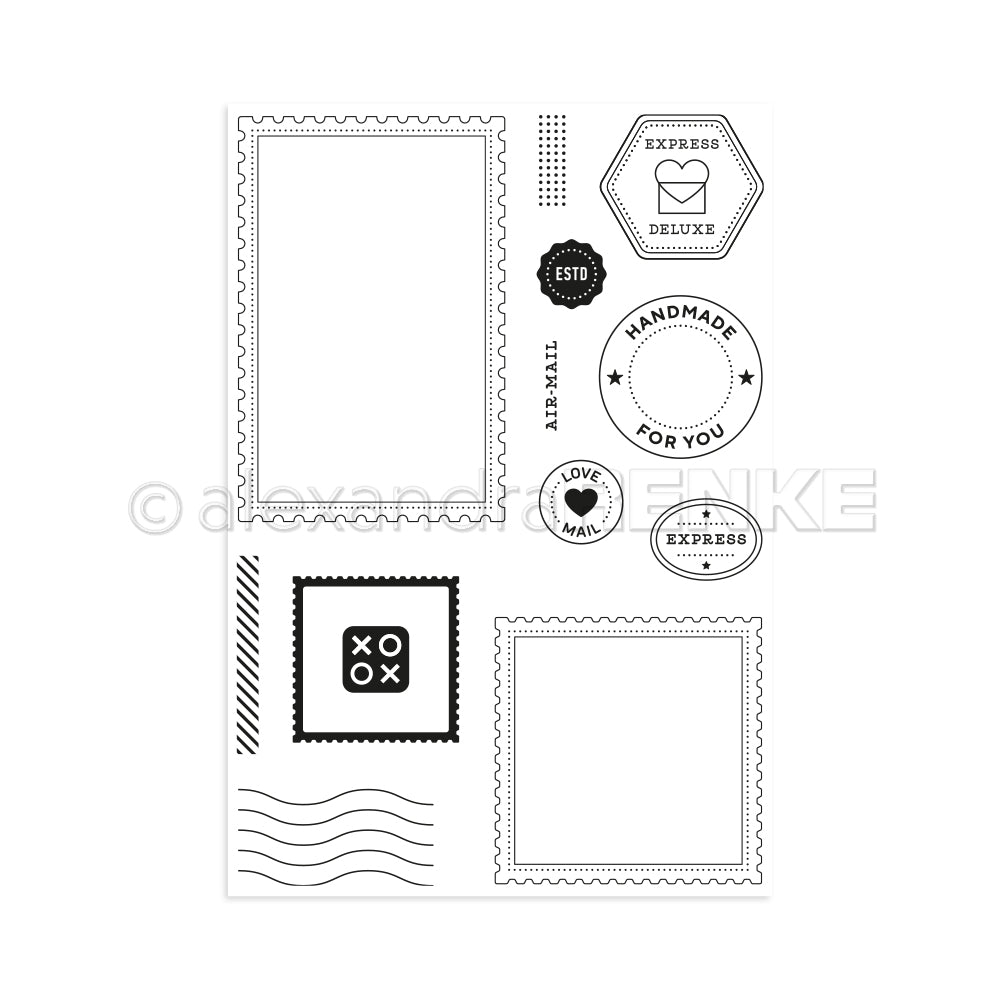 Schwarze und weiße Stempeldesigns, Rahmen und Symbole zum Thema Post von Alexandra Renke auf weißem Hintergrund - ideal für einzigartige Kompositionen mit klaren Stempeln oder Photopolymer-Stempeln in Ihren Kompositionsformen Briefmarken-Projekten.