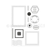 Schwarze und weiße Stempeldesigns, Rahmen und Symbole zum Thema Post von Alexandra Renke auf weißem Hintergrund - ideal für einzigartige Kompositionen mit klaren Stempeln oder Photopolymer-Stempeln in Ihren Kompositionsformen Briefmarken-Projekten.