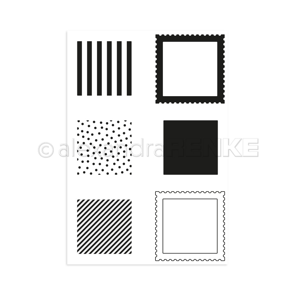 Sechs schwarz-weiße Stempelformen von Alexandra Renke zeigen Streifen, Punkte, einfarbige und Zickzack-Ränder. Jede quadratische Briefmarke ist aus hochwertigem Photopolymer gefertigt und sorgt für präzise, klare Abdrücke - perfekt für Bastelprojekte.